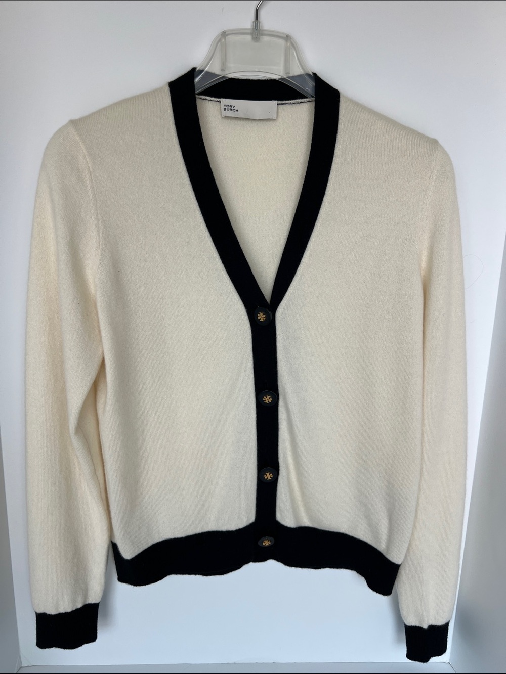 100% Cashmire Tory Burch Cream Cardigan with Black Trim